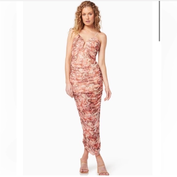 elliatt mica leaf print peach pink ruched deep v neck side slit midi dress small - Picture 12 of 14